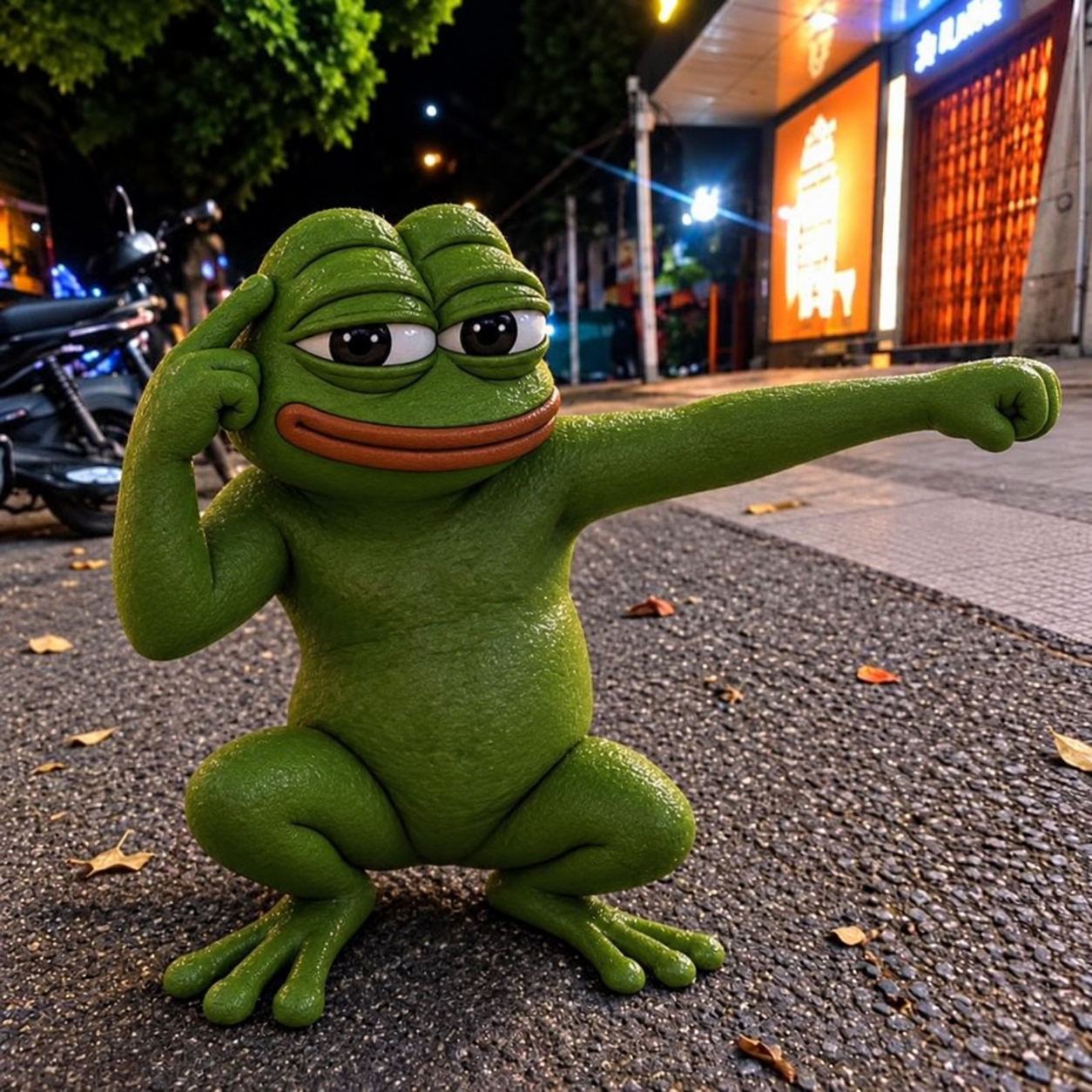 Karate Pepe frog pointing ahead on a city street at night